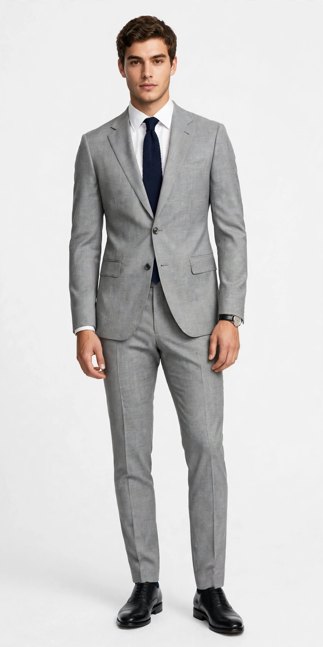 Young man wearing a light grey slim-fit suit with a navy knit tie