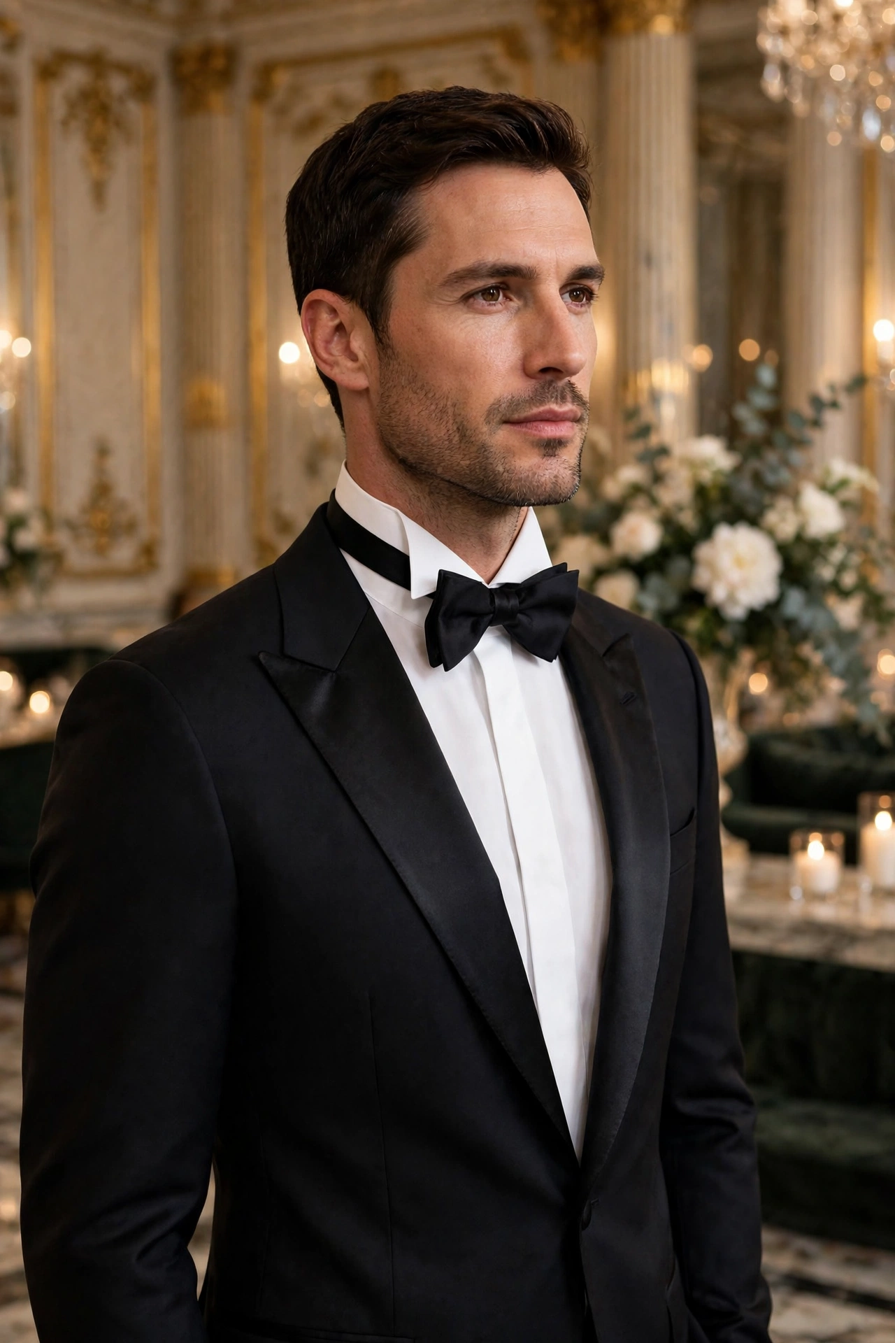 Man wearing a classic black tuxedo with satin lapels and a bow tie